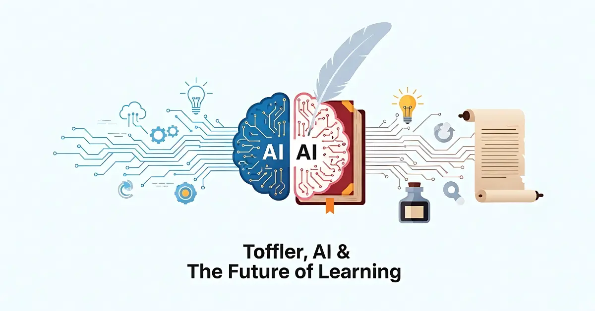 Illustration of AI-driven brain, book, and technological learning tools, representing Alvin Toffler's vision of future education and artificial intelligence