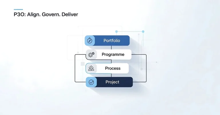 P3O model showing alignment of Portfolio, Programme, Project, and Process management for strategic governance by Axelos
