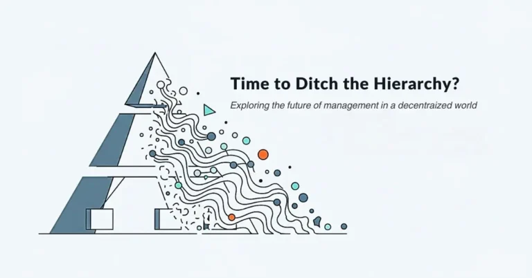 Illustration of a crumbling hierarchy with abstract shapes symbolizing decentralized management in the future of work