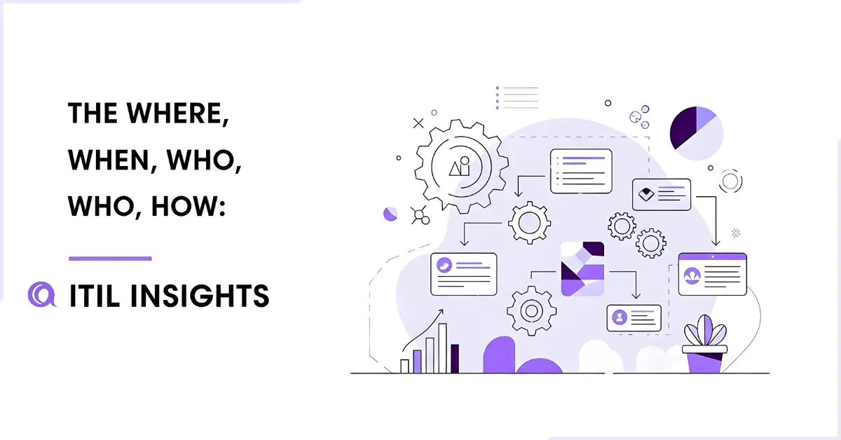 ITIL best practices illustration showing gears, charts, and workflows for service management