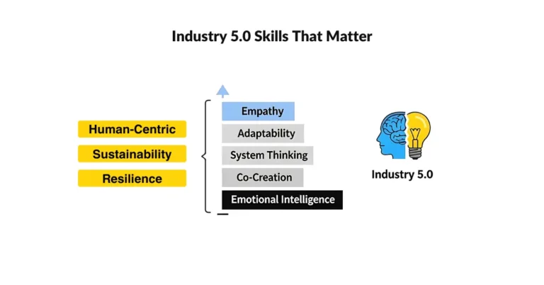 Conceptual model illustrating the essential Industry 5.0 skills, which include empathy, collaboration, and systems thinking, and showing how these human-centric capabilities are supported by ITIL 4 and PRINCE2 7 frameworks.