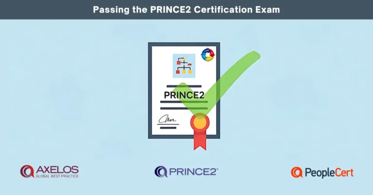 Illustration of a PRINCE2 certificate with a green checkmark, symbolizing passing the project management certification exam.