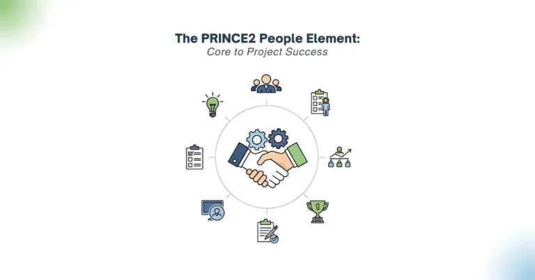 Symbolic handshake representing PRINCE2 people element driving project success with teamwork icons