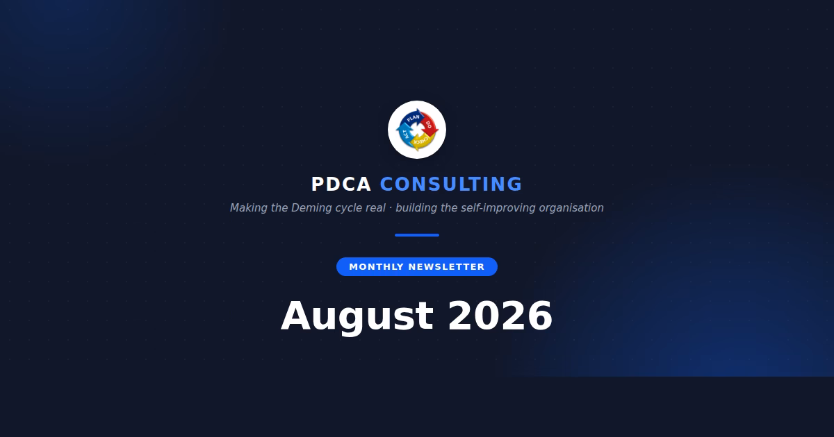 PDCA Consulting monthly newsletter header - August 2026