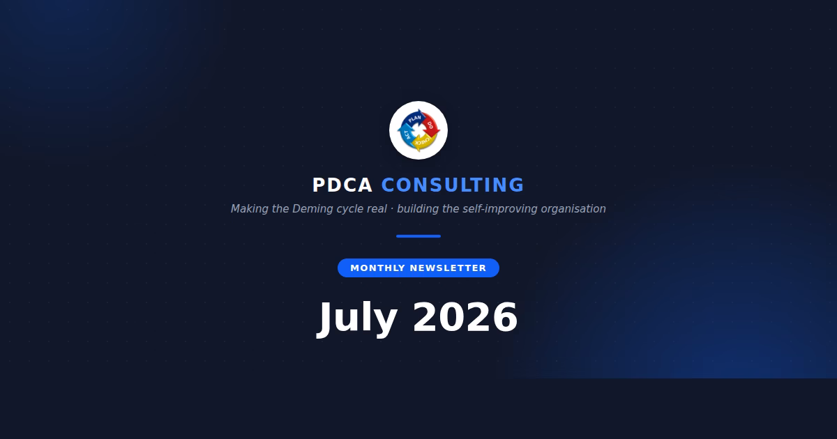 PDCA Consulting monthly newsletter header - July 2026