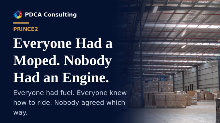A warehouse logistics team building a shared knowledge management practice under PRINCE2-style project governance instead of arguing over separate opinions